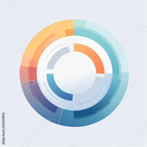 Circular infographic with segmented color sections, representing data visualization.
