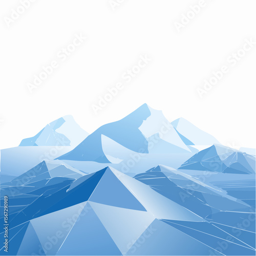 Low poly illustration of snow-covered mountains against a white background.