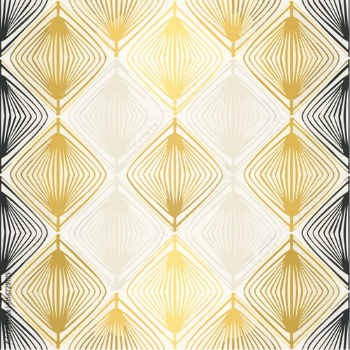 Elegant geometric pattern in gold, black, and white, featuring repeating diamond shapes with linear designs.