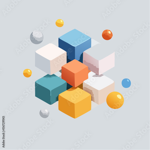 Abstract geometric design featuring colorful cubes and spheres in a three-dimensional arrangement.