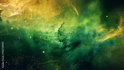 Vibrant cosmic nebula with swirling green and gold hues, set against a dark starry background