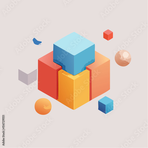 Abstract isometric composition of colorful cubes and spheres, suggesting connection and integration.