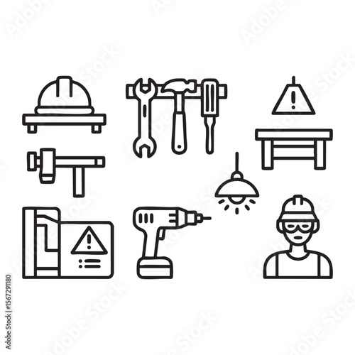 Collection of construction and safety icons including tools and worker