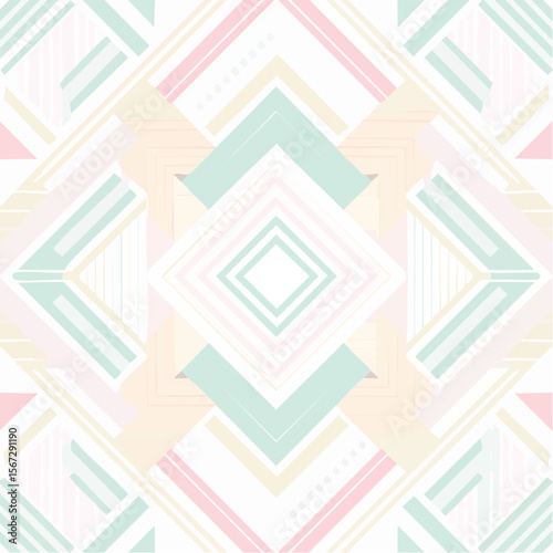 Abstract geometric pattern in pastel pink, mint green, and beige tones.  Symmetrical design with repeating diamond and line motifs.
