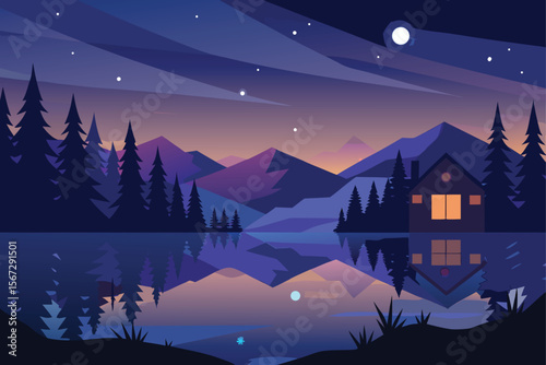 winter landscape with mountains and house