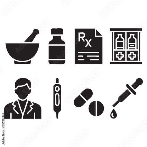 Collection of medical and pharmaceutical icons in black and white