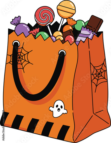A decorated orange bag overflowing with various candies and lollipops, ready for Halloween.