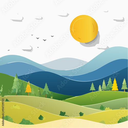 Serene paper-cut landscape featuring rolling hills, evergreen trees, and a bright sun.