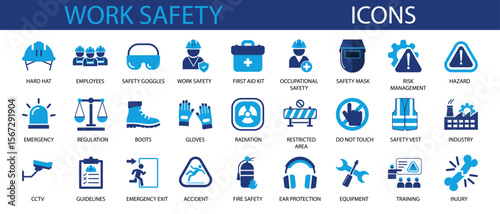 Work Safety Icon sheet Collection Set. Containing safety vest, protection, regulation, hazard, health, insurance, first aid kit Icon. Simple Flat Vector. Blue Color Style, sign symbol, logo style