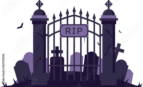 A stylized illustration of a cemetery gate with tombstones and bats.