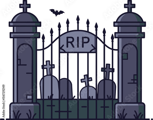 Illustration of a cemetery gate with tombstones, a bat flying above, and "RIP" inscribed on the gate.