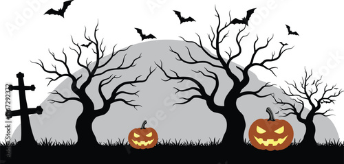 Spooky Halloween scene featuring pumpkins, bats, trees, and a graveyard.