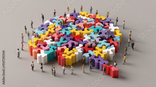 Abstract 3D illustration of colorful puzzle pieces forming a human brain shape with people standing around it