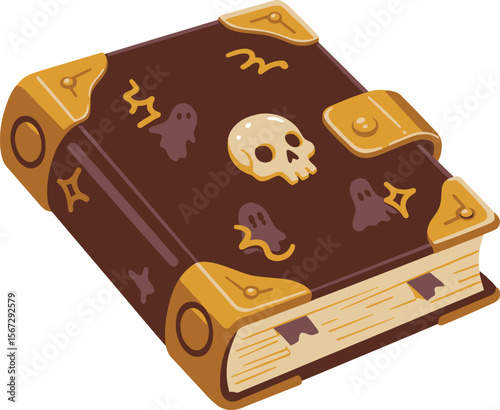 A detailed illustration of a spell book, decorated with spooky elements.