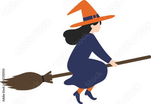 A witch with an orange hat and blue dress is flying on a broomstick.