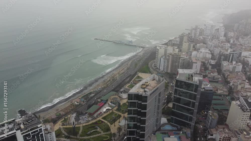 Miraflores coastline showing parque del amor and buildings in lima, peru