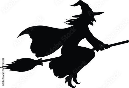 Silhouette of a witch flying on a broomstick, wearing a hat and cape.