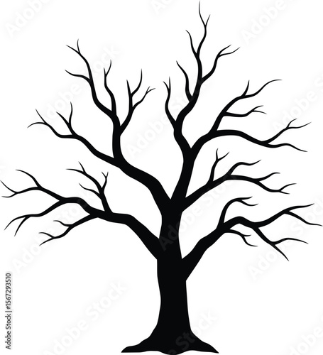 Bare, leafless tree silhouette against a white background.  A stark, simple illustration of a deciduous tree in winter.