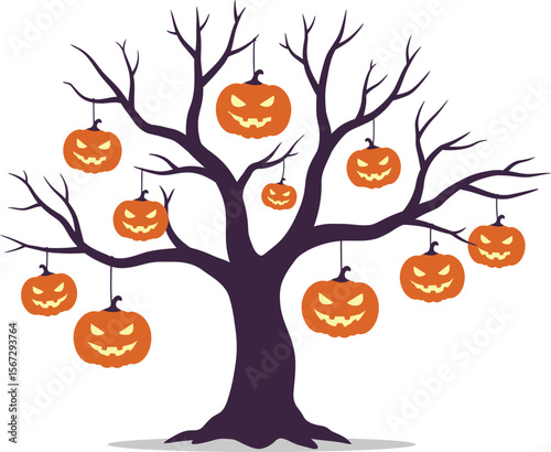A spooky Halloween tree adorned with grinning jack-o'-lanterns hanging from its bare branches.