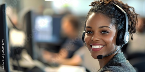 A customer service representative in a call center, assisting a client with a smile.