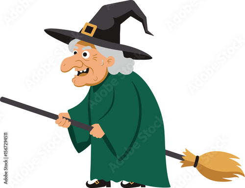 Cartoon witch with a pointy hat and green robe riding a broom.