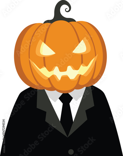 A cartoon pumpkin head wearing a business suit, Halloween-themed.