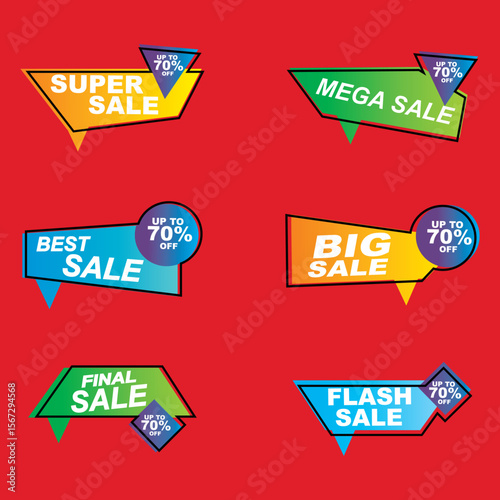 Sale Label collection set. Set ribbon banner and label sticker sale offer and badge tag sale advertising. Discount red ribbons, banners and icons. Cffer discount coupons. Vector illustration.