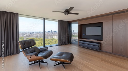 Modern living room with leather armchair ottoman and city view dark wood cabinetry and ceiling fan