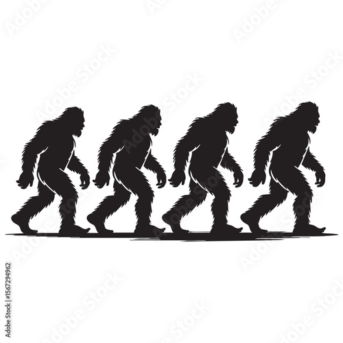 Bigfoot evolution silhouette walking in a line from left to right
