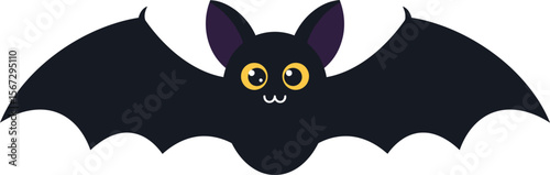 Cartoon illustration of a black bat with yellow eyes and outstretched wings.