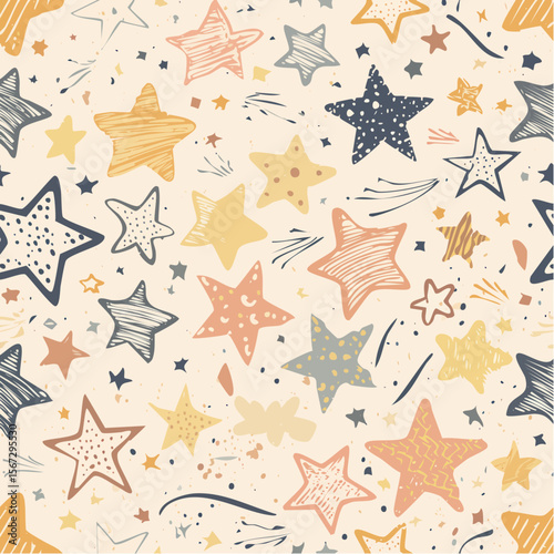 A whimsical pattern featuring various hand-drawn stars scattered across a light background.