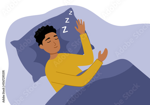 Young man sleeping on the bed. Guy lying on comfortable bed and pillow. 