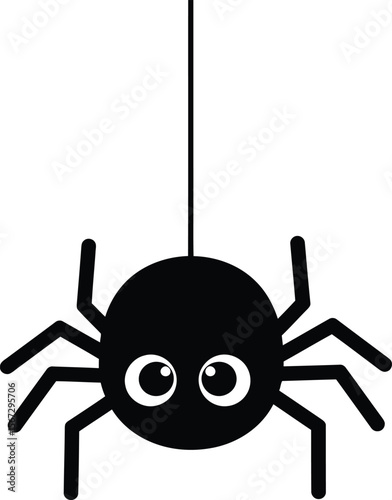 A cute, cartoon spider hangs from a single thread, showcasing large, expressive eyes.