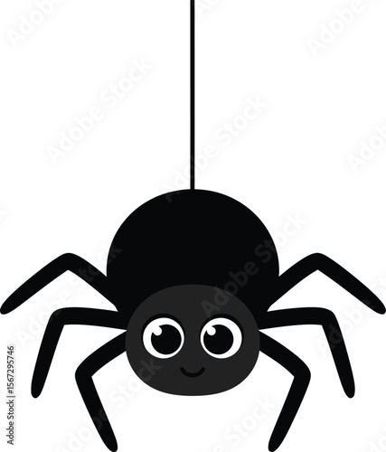 A cartoon spider hangs from a single thread, with a happy expression.