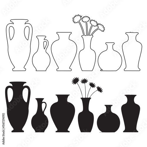 Collection of outline and silhouette vases with flowers on white background