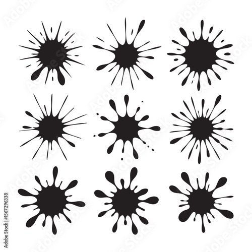 Collection of nine black ink splatters and splashes on a white background