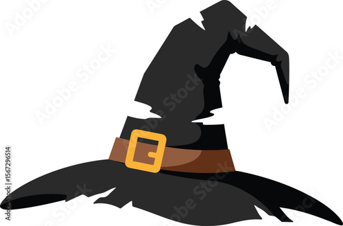 A worn, black witch's hat with a brown buckle, isolated on a white background.