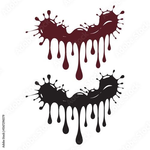 Two stylized dripping liquid splashes one dark red and one black on white