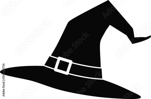 Silhouette of a witch's hat with a buckle on the band, isolated against a white background.