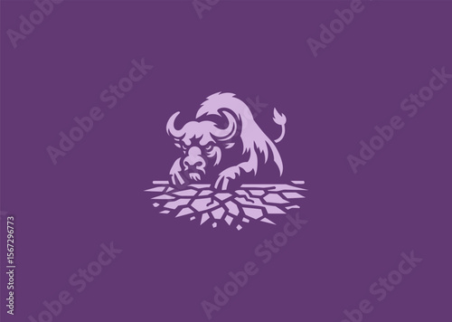 Charging buffalo with cracked ground logo for power or intense themes.