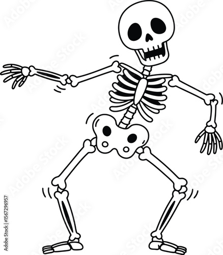 Cartoon skeleton dancing with arms outstretched and knees bent, depicted in black and white outline.