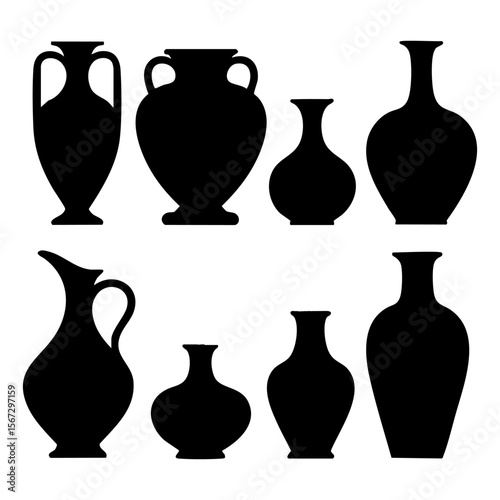 Collection of black silhouettes of various ancient greek pottery vessels