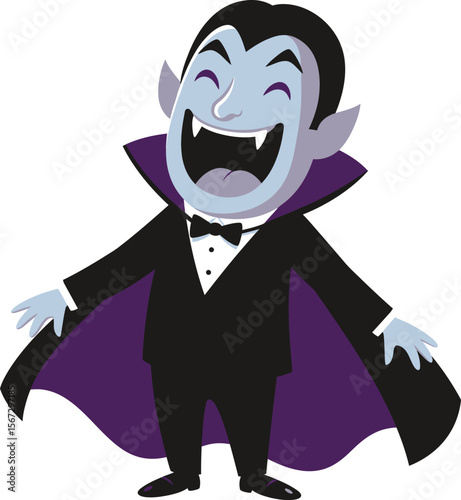 A cartoon vampire with a large smile, arms open, and a purple cape.