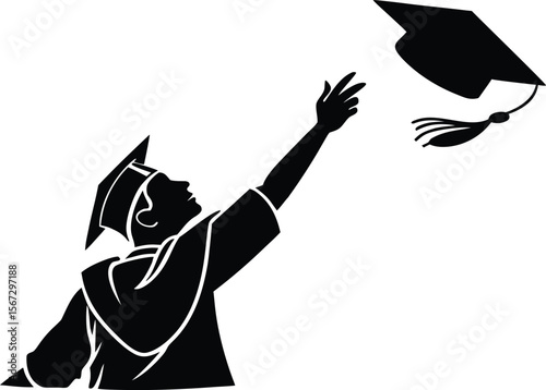 Black silhouette vector of a happy graduate tossing cap into the air. Iconic clip art for graduation, isolated on transparent background for academic, celebration, or education themes.