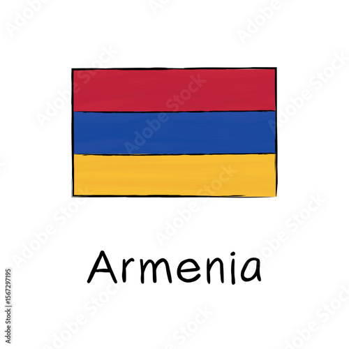 Flag of Armenia with outline and signature on white background. Hand-drawn vector sketch, ideal for education, politics, infographics, web design, posters, and cultural presentations.
