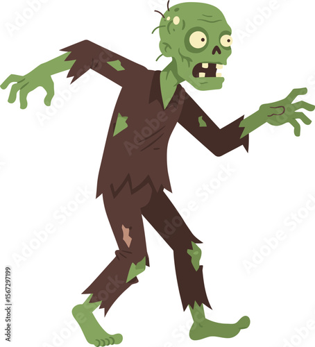 A cartoon zombie with green skin and tattered clothing walks forward with outstretched arms.