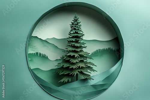 Pine tree in a circle with mountains and forest in the background, Ai generated