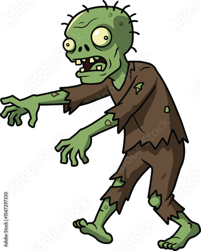 Cartoon illustration of a green zombie walking forward with outstretched arms, wearing tattered clothing.