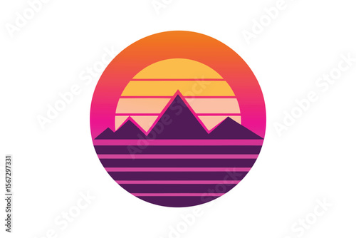 Retro Wave Mountainscape Design a Nostalgic Art Piece Evoking the 1980s Aesthetics Featuring Gradients Mountain Silhouettes Horizontal Lines Against Gradient Circle Background
