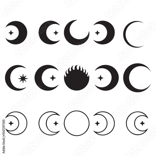 Collection of celestial moon phases and cosmic symbols in black and white